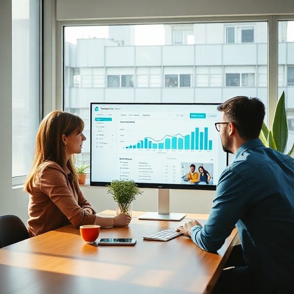 Small Australian business team collaborating around a modern office screen showing a teal-accented dashboard