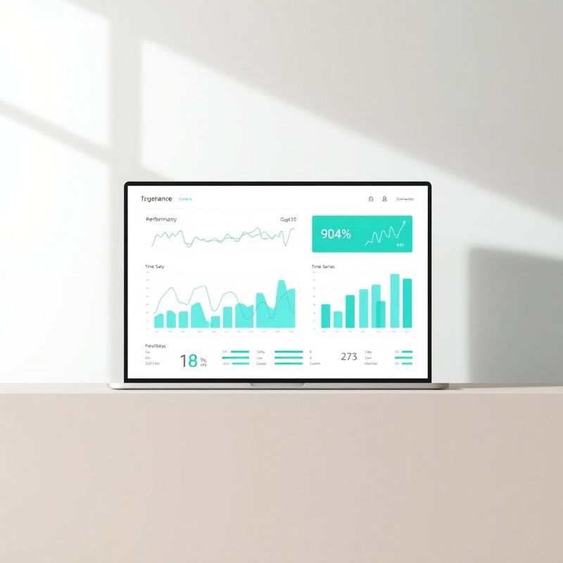 Clean-tech data visualization showing teal-toned performance graphs on a minimal SaaS interface
